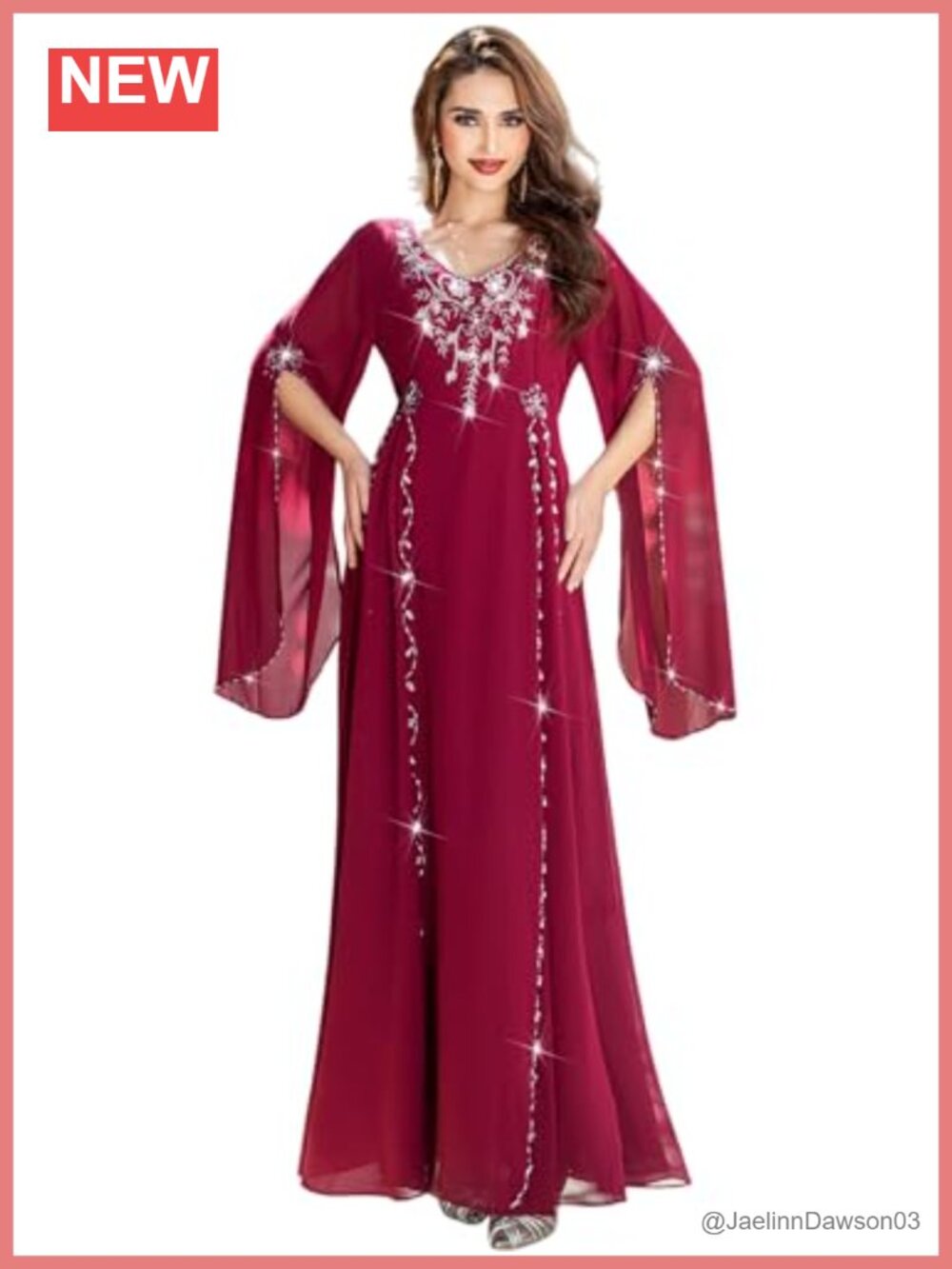 Hand Beaded Chiffon Abaya Kaftan Flutter Sleeve Evening Gown